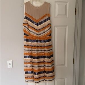 eva mendes for New York & Company Beige, Orange & Navy Fringe Sequin Midi Dress